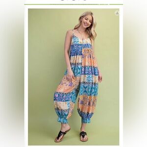Mixed Print Harem Leg Jumpsuit with Front Buttons and Adjustable Straps